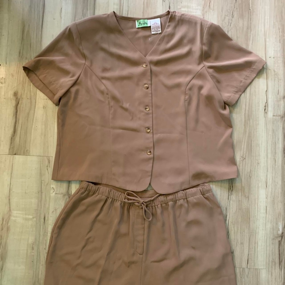 Worthington Brown Pant Suit Set Button Up Top Drawstring Pants Plus Size